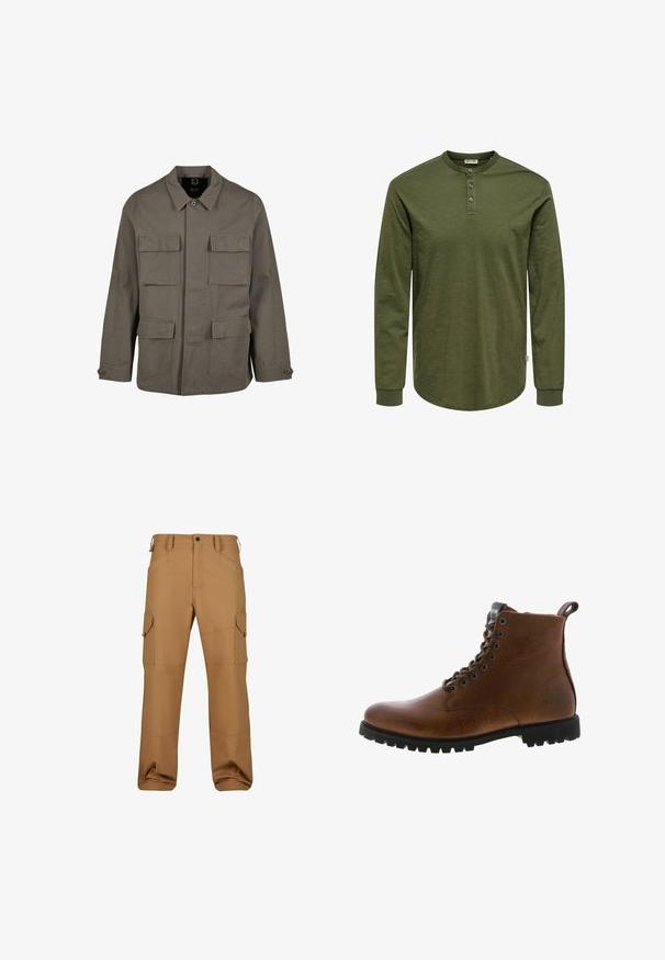 Khaki utilityjack in een katoenmix, met een rechte snit, twee borstzakken en knoopsluitingen op de mouwen. Soepele textuur en een minimalistisch ontwerp.; Langarmshirt in olijfgroen met een henley-halslijn, drie knopen en een afgeronde zoom. Gemaakt van zachte, gestructureerde stof met aansluitende manchetten.; Bruine cargobroek gemaakt van duurzaam materiaal, met meerdere zakken, een relaxte pasvorm en versterkte stikseldetails.; Bruine leren enkelbotten met een gestructureerde afwerking, metalen oogjes en een zwarte rubberen profielzool. Voorzien van een trekband aan de achterkant voor gemakkelijke instap.