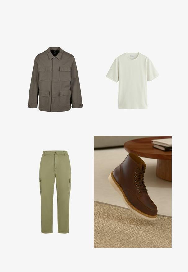 Khaki utilityjack in een katoenmix, met een rechte snit, twee borstzakken en knoopsluitingen op de mouwen. Soepele textuur en een minimalistisch ontwerp.; Witte, getextureerde katoenen T-shirt met korte mouwen, ronde hals en een losse pasvorm, plat gelegd op een witte achtergrond.; Olijfgroene cargobroek van zachte stof, met een recht model, twee zijzakken en een knoopsluiting.; Bruine leren enkelboot met beige zool op een gestructureerd beige vloerkleed naast een ronde houten tafel met opgestapelde boeken.