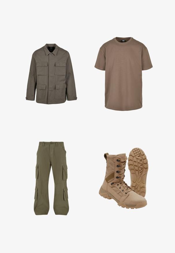 Khaki utiliidisjakker puuvillasegust, sirge lõikega, kahe rinna-tasku ja nööbiga mansettidega. Sile tekstuur ja minimaalne disain.; Pruun puuvillane T-särk, millel on ümmargune kaelus, lühikesed varrukad ja lõdvestunud istuvus, millel on sile tekstuur. Ükski muster ega aktsent.; Olive rohelised cargo püksid. Valmistatud puuvillast, sisaldavad mitmeid küljetaskuid, sirget lõiget ning nähtavaid õmblusdetailide.; Pruun taktikaline saabas sääreni paeltega kinnituse ja vastupidava kummist tallaga, üks saabas püsti ja teine näitab tallamustri.