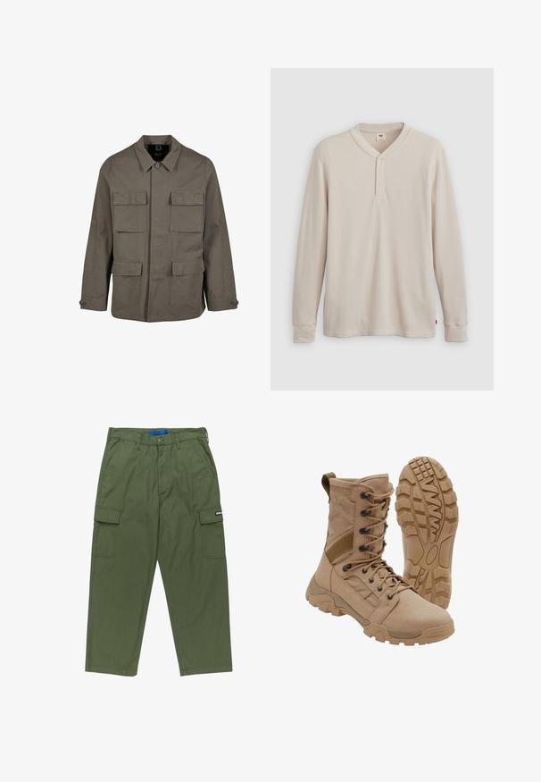 Khaki utilityjack in een katoenmix, met een rechte snit, twee borstzakken en knoopsluitingen op de mouwen. Soepele textuur en een minimalistisch ontwerp.; Lange mouwen henley-shirt in lichtbeige ribbelstof, met een V-hals, een drieknoopsluiting en manchetten. Rode logo-label aan de onderkant.; Groene cargobroek met een rechte pasvorm, meerdere zijzakken en een ritssluiting. Gemaakt van duurzaam katoen. Voorzien van een merkembleem.; Tan tactische laars met veterontwerp tot aan de enkel en stevige rubberen zool, één laars rechtopstaand en één die het profielpatroon toont.