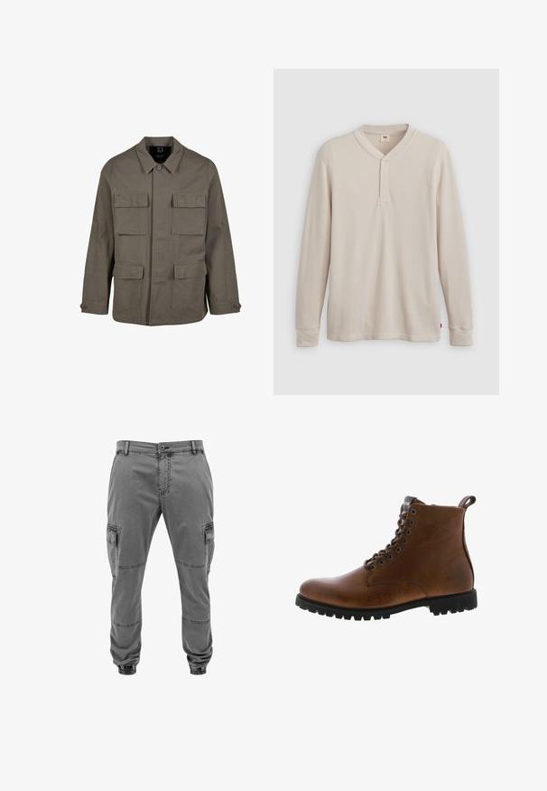 Khaki utilityjack in een katoenmix, met een rechte snit, twee borstzakken en knoopsluitingen op de mouwen. Soepele textuur en een minimalistisch ontwerp.; Lange mouwen henley-shirt in lichtbeige ribbelstof, met een V-hals, een drieknoopsluiting en manchetten. Rode logo-label aan de onderkant.; Grijze cargobroek van een katoenmix, met een elastische tailleband, zijzakken en een taps toelopend ontwerp met paneelstiksels.; Bruine leren enkelbotten met een gestructureerde afwerking, metalen oogjes en een zwarte rubberen profielzool. Voorzien van een trekband aan de achterkant voor gemakkelijke instap.