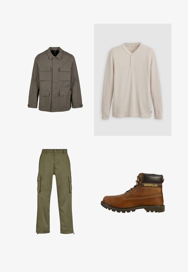 Veste utilitaire kaki en mélange de coton, avec une coupe droite, deux poches poitrine et des fermetures à boutons aux manches. Texture lisse et design minimal.; T-shirt henley à manches longues en tissu côtelé beige clair, avec un col en V, une patte de boutonnage à trois boutons et des manches à poignets. Étiquette logo rouge à l'ourlet.; Pantalons cargo verts olive avec une coupe droite, deux poches latérales et des fermetures éclair au niveau des chevilles. Fabriqués à partir de tissu durable.; Botte de travail en cuir marron avec une tige haute, semelle robuste, œillets métalliques et un col rembourré marron foncé. Présente la marque "Caterpillar".