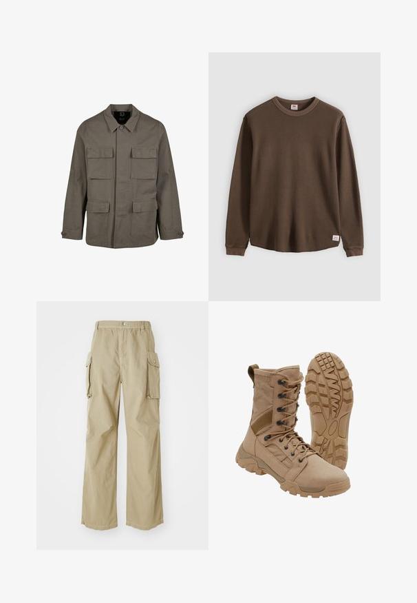 Khaki utiltaakkari puuvillasekoitteesta, suoralinjaisella leikkauksella, kahdella rintataskulla ja nappilukoilla hihansuissa. Sileä pinta ja minimalistinen muotoilu.; Ruskea ribbigemustettu pitkähihainen paita, valmistettu tekstuurillisesta kankaasta, jossa on pyöreä pääntie ja pieni etiketti alareunassa.; Beige cargo-housut rentoa leikkausta, joustovyötä ja suuria sivutaskuja. Valmistettu kevyestä kankaasta, jossa on hienovarainen pinta.; Hiekanvärinen taktinen nilkkapitoinen nauhavyökenkä ja kestävä kumipohja, yksi kenkä pystyssä ja toinen näyttää kulutuspinnan kuvion.