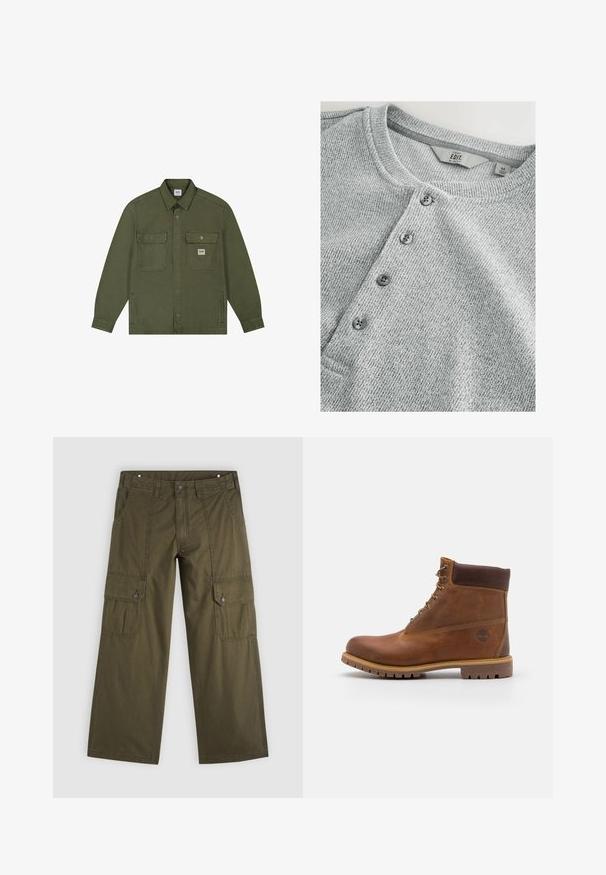 Lee WORKWEAR - Cowboyjakker - oak moss; Grå strikket langærmet skjorte med rund halsudskæring, fem knaplukninger, ribbet tekstur og slank pasform. Etiketten angiver størrelse M.; Oliven grønne vidbenede cargobukser med knapflappede lommer på lårene og frontlommer.; Brun læder vandrestøvle med en glat finish, polstret ankel, metalliske snørehuller og en gummisål med et robust dækmønster.