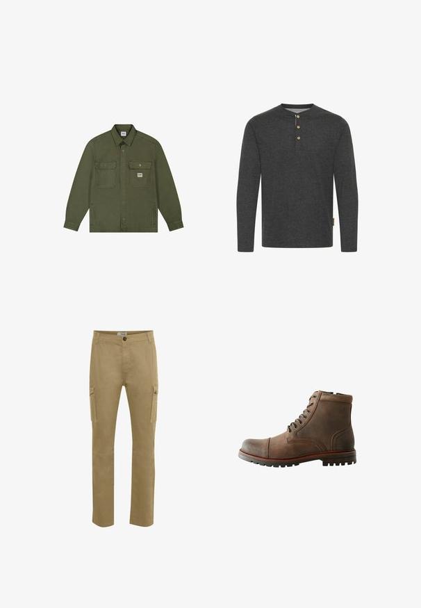 Lee WORKWEAR - Spijkerjas - oak moss; Donkergrijze lange mouwen shirt van zachte stof, met een henley-halslijn en drie houten knopen, plus een zijlabel.; Tans kleur cargo pants met een rechte pasvorm, gemaakt van stevige katoen. Voorzien van zijzakken, een knoopsluiting en versterkte kniestukken.; Bruine leren enkelboot met ronde neus, gewatteerde kraag, zes ogensluiting en gestructureerde rubberen zool. Gestikte accenten aan de zijkanten.