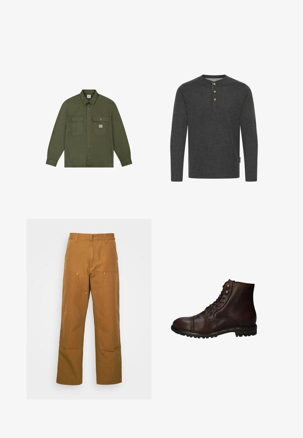 Lee WORKWEAR - Cowboyjakker - oak moss; Mørkegrå langærmet skjorte lavet af blødt stof, med en henley-udskæring og tre træknapper samt et sidelabel.; Brune bomuldsarbejdsbukser med lige ben-design, der har frontlommer og metalhardware detaljer for ekstra holdbarhed.; Mørkebrun læder snørebånd ankelstøvle med robuste gummisål og metaløjer, set fra den ydre side.