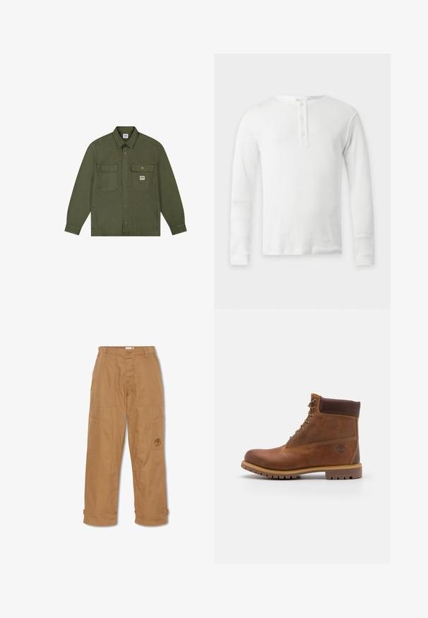 Lee WORKWEAR - Cowboyjakker - oak moss; Hvid termisk langærmet skjorte med rund hals og tre-knaps lukning, vist fladt på en lys baggrund.; Khaki arbejdsbukser, lavet af slidstærkt stof, har flere lommer, knaplukning og broderet logo på låret.; Brun læder vandrestøvle med en glat finish, polstret ankel, metalliske snørehuller og en gummisål med et robust dækmønster.