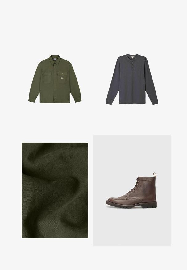 Lee WORKWEAR - Jeansjacke - oak moss; Dunkelgraues Langarm-Henley-Shirt mit drei schwarzen Knöpfen und dezentem Logo auf der linken Brust auf weißem Hintergrund.; Nahaufnahme eines dunkelgrünen Stoffes mit sichtbarer Webstruktur und weichen Falten, die Schatten und Lichtakzente erzeugen.; Hackett London SLOANE APRON - Schnürstiefelette - dark mocca brown