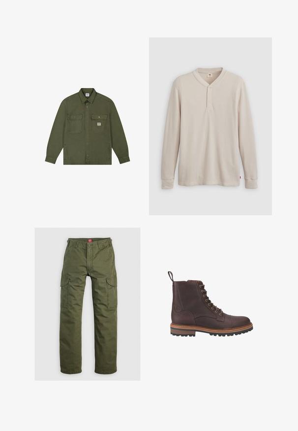 Lee WORKWEAR - Jeansjacke - oak moss; Langärmliges Henley-Shirt aus leicht beigem Rippstoff mit V-Ausschnitt, Knopfleiste mit drei Knöpfen und angeschnittenen Ärmeln. Roter Logo-Tag am Saum.; Olivgrüne Cargo-Hosen aus strapazierfähigem Material, mit Seitentaschen, Knopfverschluss und geradem Bein.; Braune Leder-Stiefeletten mit Schnürung, strukturierter Oberfläche, kontrastierenden beigen Sohlen und Metallösen. Verfügen über eine Lasche zum einfachen An- und Ausziehen.