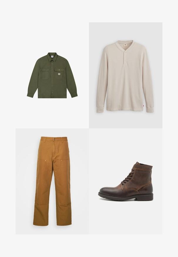 Lee WORKWEAR OVERSHIRT - Spijkerjas - oak moss; Lange mouwen henley-shirt in lichtbeige ribbelstof, met een V-hals, een drieknoopsluiting en manchetten. Rode logo-label aan de onderkant.; Bruine katoenen utility broeken met een rechte pijpdesign, voorzien van voorzakken en metalen hardware accenten voor extra duurzaamheid.; Jack & Jones JFWDELANEY BOOT - Veterboots - cognac