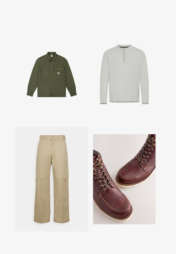 Lee WORKWEAR - Jeansjacke - oak moss; Hellgraues Langarmshirt aus weichem Stoff mit einem runden Halsausschnitt und drei Holzknöpfen mit kontrastierendem dunklem Besatz.; Beige, weit geschnittene Hosen aus robustem Stoff, mit hoher Taille, sichtbaren Nähten und einem kleinen Logopatch an der Seite.; Braune Lederstiefel mit einer glatten Oberfläche, ausgestattet mit Metallösen, grauen Schnürsenkeln und einer cremefarbenen Gummisohle. Nahtdetail entlang der Kanten.