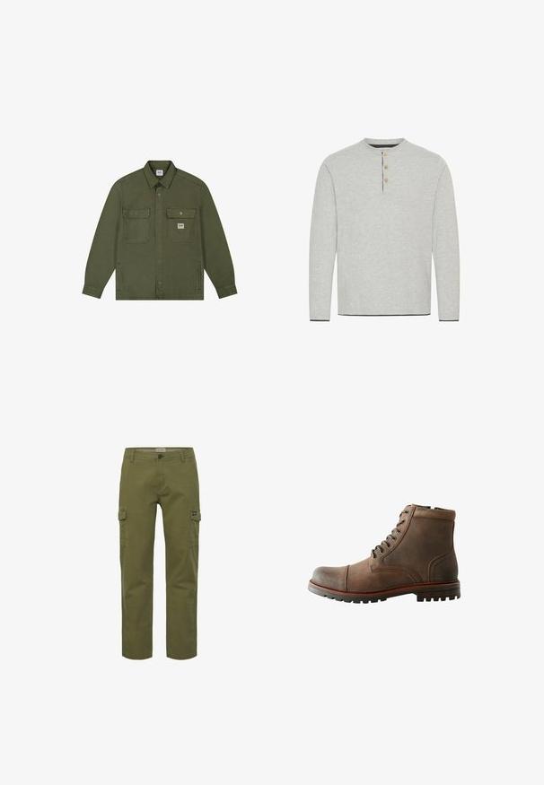 Lee WORKWEAR OVERSHIRT - Veste en jean - oak moss; Chemise à manches longues gris clair en tissu doux, avec un col rond et trois boutons en bois avec un contour sombre contrastant.; Pantalons cargo en vert olive, avec une coupe droite, des poches avant et latérales, et une fermeture à bouton. Fabriqués en tissu en coton durable.; Bottine en cuir marron avec un bout arrondi, un col rembourré, un laçage à six œillets et une semelle en caoutchouc texturée. Accents cousus sur les côtés.