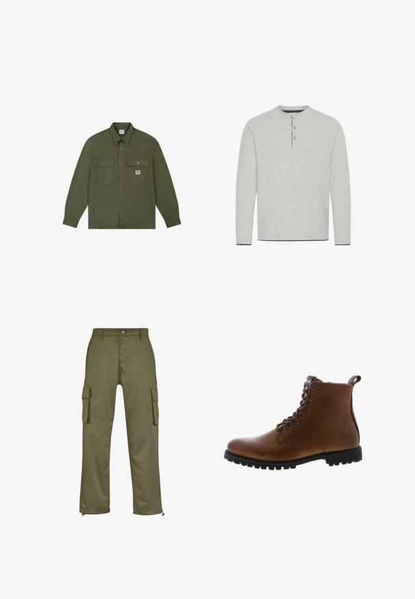 Lee WORKWEAR - Cowboyjakker - oak moss; Lys grå langærmet skjorte lavet af blødt stof, med en rund halsudskæring og tre træ-knapper med kontrasterende mørk trim.; Olivenfarvede cargo bukser med lige snit, to sidelommer og lynlåse ved anklerne. Fremstillet af slidstærkt stof.; Brune læder ankelstøvler med tekstureret overflade, metaløjer og sort gummisål. Har en træktab bagpå for nem påtagning.