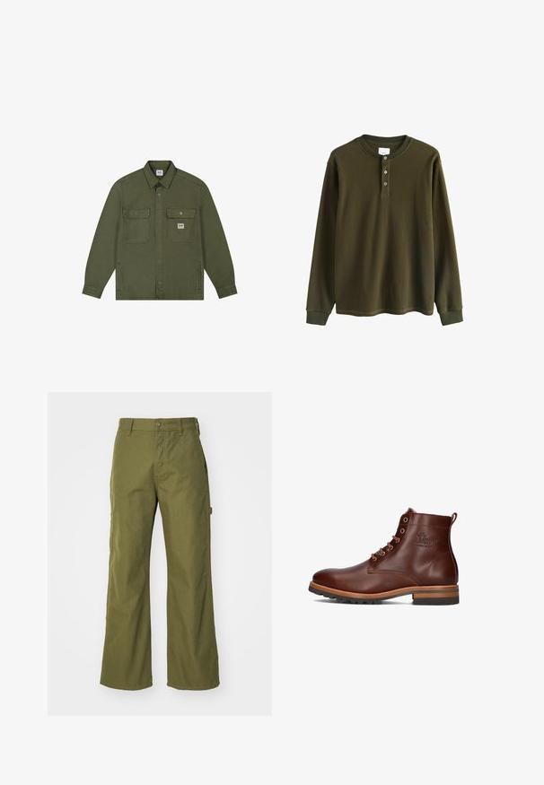 Lee WORKWEAR - Jeansjacke - oak moss; Langärmliges olivgrünes Waffelstrick-Henley-Shirt mit gerippten Bündchen und drei Knöpfen am Kragen.; Olivgrüne, weite Hosen aus strapazierfähigem Material, mit Knopfverschluss, seitlichen Taschen und einem geraden Saumdesign.; Braune Leder-Ankle-Boots mit runder Zehenpartie, Schnürdesign, kontrastierendem Absatz und Laufsohle sowie geprägtem Logo an der Seite.