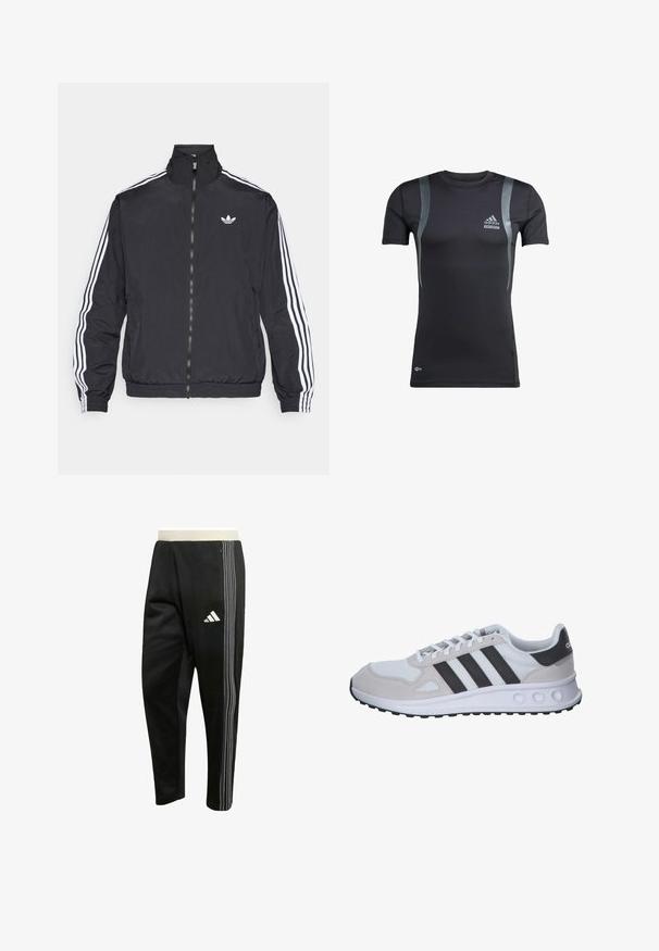 Zwart jack met ritssluiting en hoge kraag, met drie witte strepen langs de mouwen en een klein wit logo op de borst. Gladde stoftextuur.; Zwart sportshirt met korte mouwen en grijze accenten, gemaakt van rekbare stof. Bevat een Adidas-logo op de linkerborst en Techfit-branding.; Zwarte sportbroek met witte driedubbele strepen aan de zijkant, ritszak en een wit Adidas-logo op de dij.; Grijze en witte sportieve schoen met een mesh bovenwerk, suède accenten, drie zwarte strepen en een gestructureerde rubberen zool met ronde uitsparingen.