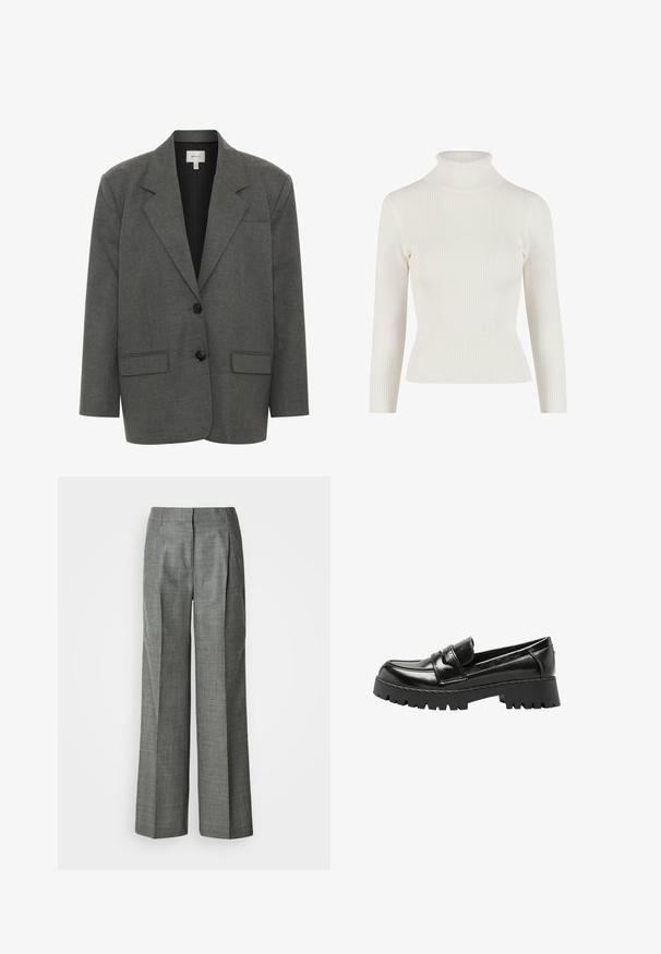 Gestuz PAULA - Blazer - dark grey melange; Hvid ribbet rullekravesweater med lange ærmer og tætsiddende silhuet. Blød tekstur og strækbart materiale for komfort og bevægelsesfrihed.; Grå vidde bukser lavet af tekstureret stof, med plisseringer, en flad front og et lige snit. Ingen synlige lommer eller pynt.; Sort læderloafer med kraftig rillede sål og lav blokhæl, med mok-tå og remdetalje over toppen.
