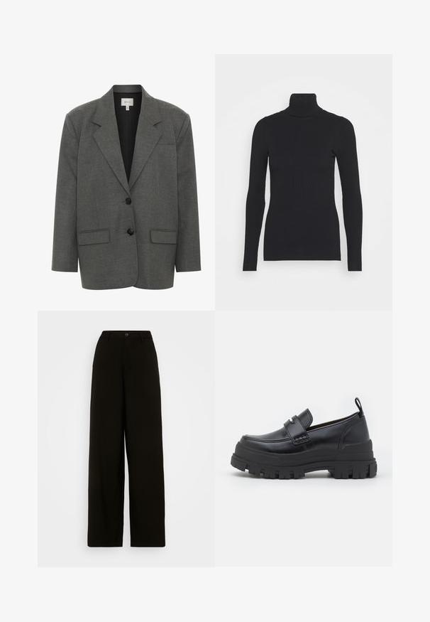 Gestuz PAULA - Blazer - dark grey melange; Schwarzer gerippter Rollkragenpullover, der lange Ärmel und eine figurbetonte Silhouette bietet. Die Textur ist glatt mit einem horizontalen Rippenmuster.; Schwarze weit geschnittene Hose aus glattem Stoff, mit einem Knopfverschluss an der Taille und einer taillierten Silhouette ohne sichtbare Muster.; Schwarzer Lederloafer mit dicker profilstarker Sohle, Mokassinnaht vorne, Riemendetail oben und Zuglasche an der Ferse, seitlich gezeigt.