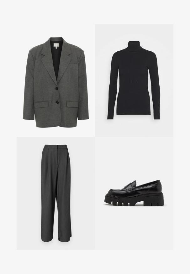 Gestuz PAULA - Blazer - dark grey melange; Schwarzer gerippter Rollkragenpullover, der lange Ärmel und eine figurbetonte Silhouette bietet. Die Textur ist glatt mit einem horizontalen Rippenmuster.; Dunkelgraue, weit geschnittene Hose mit tailliertem Design. Charakterisiert durch eine glatte Textur, Bügelfalte und einen mittelhohen Bund.; Schwarze Lederloafer mit einer massiven, strukturierten Plateausohle und einem dekorativen Riemen über dem Obermaterial. Glatte, glänzende Oberfläche.