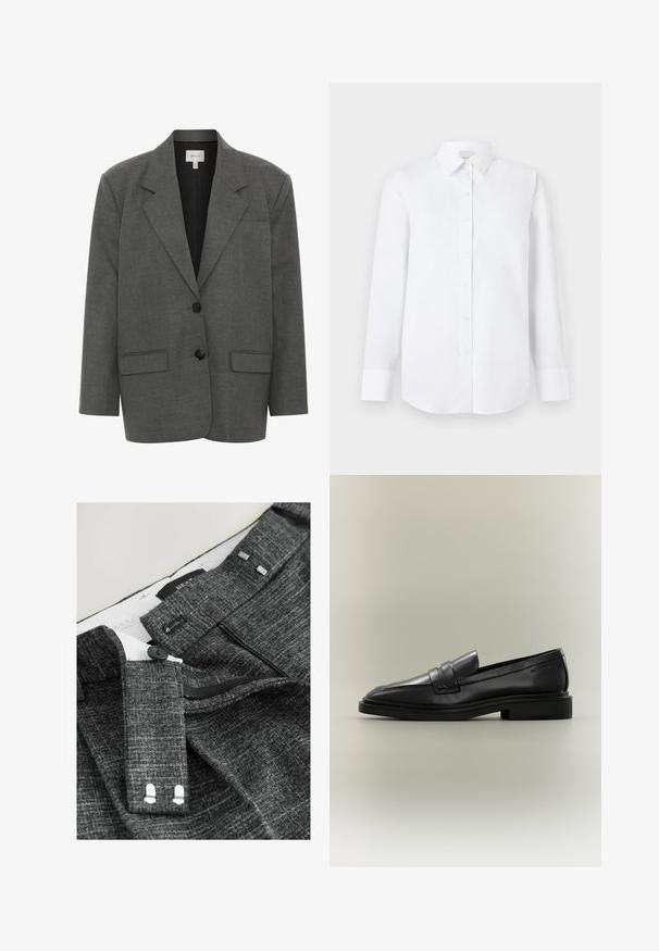 Gestuz PAULA - Blazer - dark grey melange; Witte lange mouwen shirt van gladde stof, met een knoopsluiting aan de voorkant, klassieke kraag en afgeronde zoom met geknoopte manchetten.; Grijze, gestructureerde broeken hebben een knoopsluiting, rits en stoffen riemlussen, met een witte voering en uitgesproken stikdetails.; Zwarte leren penny loafer met lage hak, afgeronde neus en gestikte details op een neutrale achtergrond.