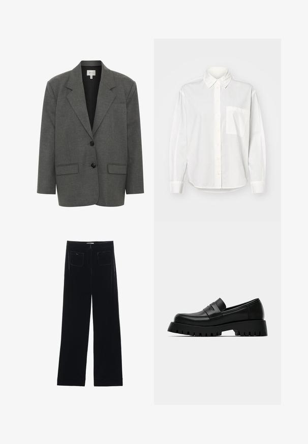 Gestuz PAULA - Blazer - dark grey melange; Weißes Langarmhemd mit Button-Down-Kragen, vorderer Knopfleiste und einer Brusttasche auf der linken Seite. Hergestellt aus glattem Stoff und mit entspannter Passform.; Schwarze Samt-Hosen im weit geschnittenen Stil mit zwei Gesäßtaschen und einer glatten Textur, ausgestattet mit einem geraden Schnitt und einem gesäumten Abschluss an den Knöcheln.; Schwarzer Leder-Slipper mit einer klobigen Sohle, die eine glatte Oberfläche und dezente Nahtdetails aufweist. Die Sohle hat tiefe Rillen für besseren Halt.