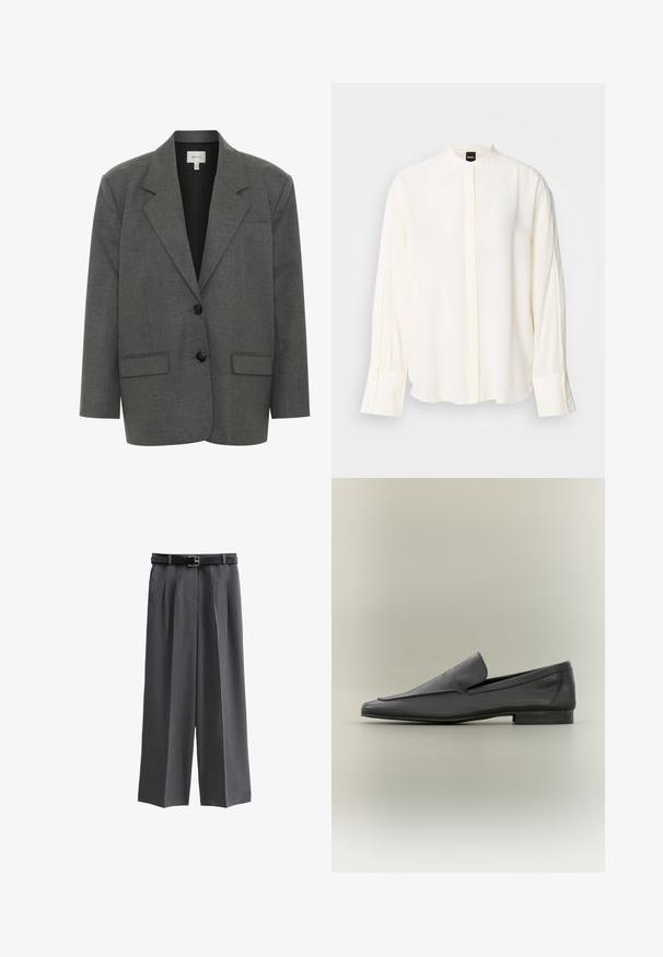 Gestuz PAULA - Blazer - dark grey melange; Lange mouwen, crèmekleurige blouse gemaakt van gladde stof; mandarina-kraag, voorste beleg, geruite manchetten en een losse pasvorm.; Grijze wijde broek van textuurstof, met een zwarte riem met vierkante gesp en voorplooien. Er zijn eenvoudige zakken inbegrepen.; Zwarte leren loafers met een gladde afwerking, puntige neus en een minimalistisch ontwerp. Lage gestapelde hak en subtiele stiksels.