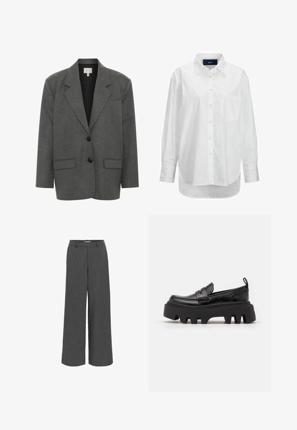 Gestuz PAULA - Blazer - dark grey melange; Hvid langærmet skjorte i glat bomuld med knapkrave, frontlomme og buet nederkant. Har en rygskulder for ekstra struktur.; Grå brede bukser lavet af tekstureret stof, med elastisk talje og frontlommer for en afslappet pasform.; Sorte læder loafers med en kraftig sort gummisål, der har skridsikre riller og et dekorativt bånd over forsiden.