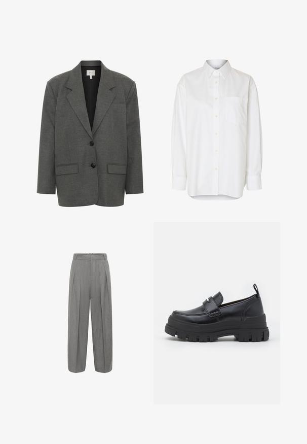 Gestuz PAULA - Blazer - dark grey melange; Weißes Langarmhemd mit Knopfleiste, spitzem Kragen und Brusttasche, vor einfarbigem Hintergrund gezeigt.; Graue Nadelstreifen-Hosen mit hoher Taille, weitem Bein, Falten und glatter Textur. Verfügt über einen Bund mit Reißverschluss.; Schwarzer Lederloafer mit dicker profilstarker Sohle, Mokassinnaht vorne, Riemendetail oben und Zuglasche an der Ferse, seitlich gezeigt.
