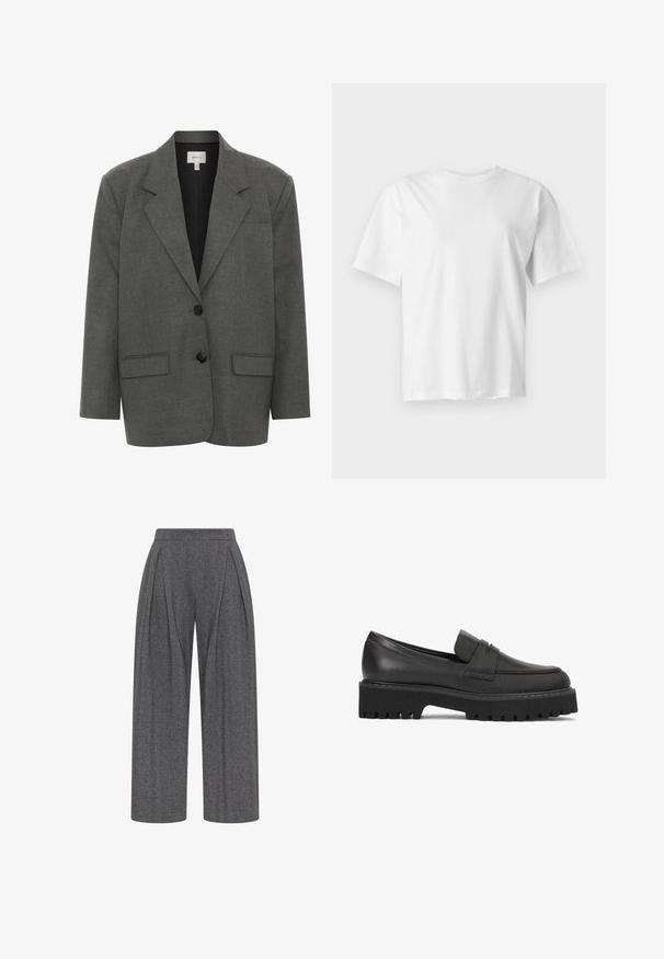 Gestuz PAULA - Blazer - dark grey melange; Effen wit T-shirt met korte mouwen en ronde hals, plat weergegeven op een lichtgrijze achtergrond.; Grijze broek met hoge taille en brede pijpen met een subtiel visgraatpatroon en plooien aan de voorkant, getoond tegen een witte achtergrond.; Zwarte leren instappers met een verhoogde, gestructureerde platformzool en een zadelriem ontwerp. Gladde afwerking met een lichte glans.