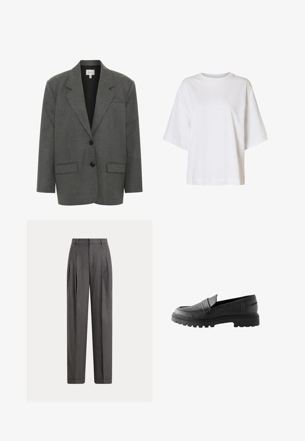 Gestuz PAULA - Blazer - dark grey melange; Weißes T-Shirt mit kurzem Ärmel, weitem Schnitt, eingesetzten Schultern und rundem Ausschnitt auf einfarbigem Hintergrund.; Dunkelgraue, hoch taillierte, maßgeschneiderte Hose mit vorderen Falten, Gürtelschlaufen, Seitentaschen und breiten, geraden Beinen.; Schwarze Lederloafers mit einer strukturierten Oberfläche, abgerundetem Zeh und einer klobigen Gummisohle mit tiefen Profilen. Schlichte Riemendetails auf der Vorderseite.