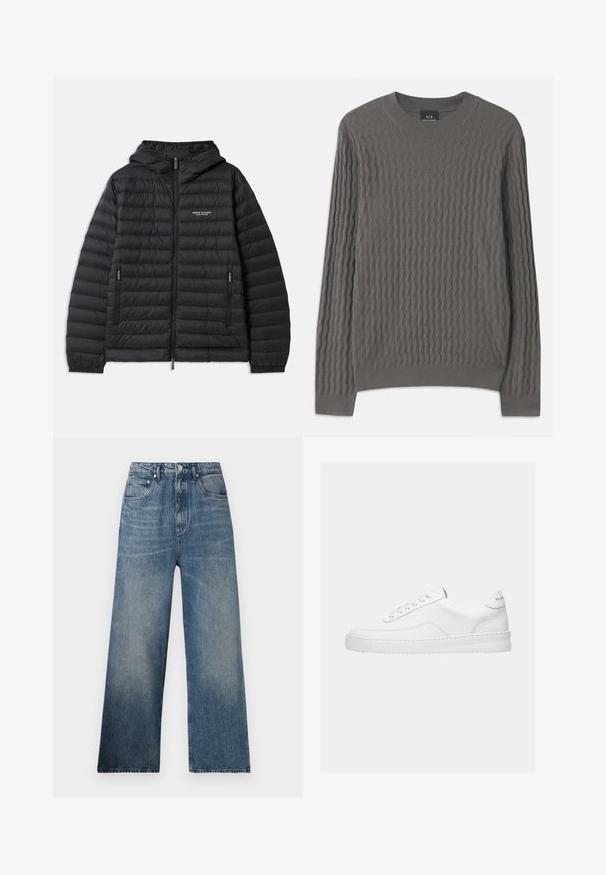 Pohodlná čierna bunda s kapucňou, predným zipsom a dvoma bočnými vreckami. Má logo na ľavej strane hrude a textúrovaný, prešívaný dizajn.; Armani Exchange Svetrík - dark gull zig zag; Modré rifľové nohavice s širokými nohavicami a vysokým pásom, s jemným zosvetlením, piatimi vreckami a kovovým zapínaním vpredu.; Biela nízka teniska so šnurovacím dizajnom, hladkým koženým zvrškom a hrubou podrážkou, zobrazená z bočného pohľadu na jednoduchom pozadí.