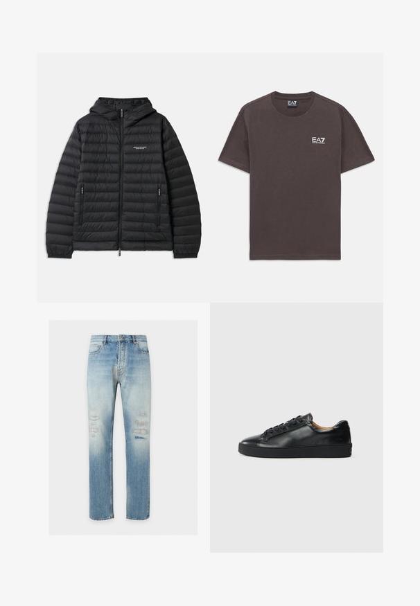 Chaqueta negra acolchada con capucha, cremallera frontal y dos bolsillos laterales. Presenta un logotipo en el pecho izquierdo y un diseño texturizado acolchado.; Camiseta de tirantes corta de color gris oscuro con pequeño logo en blanco de EA7 Emporio Armani en el lado izquierdo del pecho y etiqueta en el cuello.; Vaqueros de pierna recta de color azul claro con detalles sutiles desgastados y desteñidos en la parte frontal de los muslos, estilo clásico de cinco bolsillos y cierre de botón.; Zapatilla negra de cuero con una textura suave, puntera redonda y cierre de cordones. Presenta una suela de goma gruesa y un detalle de marca mínimo.