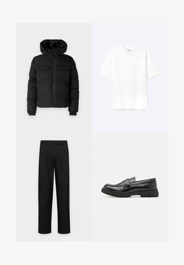 Veste rembourrée noire avec capuche, dotée de deux poches poitrine, d'une fermeture éclair à l'avant et de poignets côtelés. Texture lisse et design léger.; T-shirt blanc uni à manches courtes et col rond avec une coupe décontractée, présenté sur un fond clair.; Pantalons noirs en tissu lisse, avec une coupe droite, deux plis avant et une taille standard avec passants de ceinture.; Mocassin en cuir noir avec une large sangle sur le devant, semelle en caoutchouc à épaisse rainure, et texture lisse. Design classique et élégant.