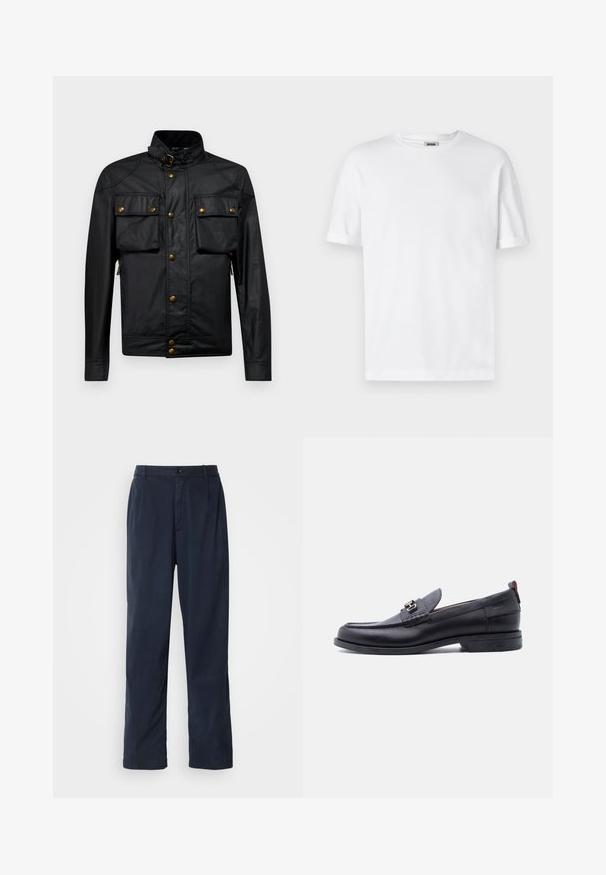Sort bomuldsjakke med høj krave, to brystlommer og guldfarvede knapper. Har et slankt, tætsiddende design og lynlåsdetaljer.; Hvid bomulds T-shirt med rund hals, korte ærmer og oprevet manchetter; enkel design, blød tekstur og lige snit.; Mørkeblå bukser lavet af en bomuldsblanding. Har et lige ben design, en frontknaplukning og diskrete plisser. Glat tekstur.; Sort lædermokasin med grå tekstureret forfod, sølvfarvet metalspænde, lav hæl og trækflap bagpå.