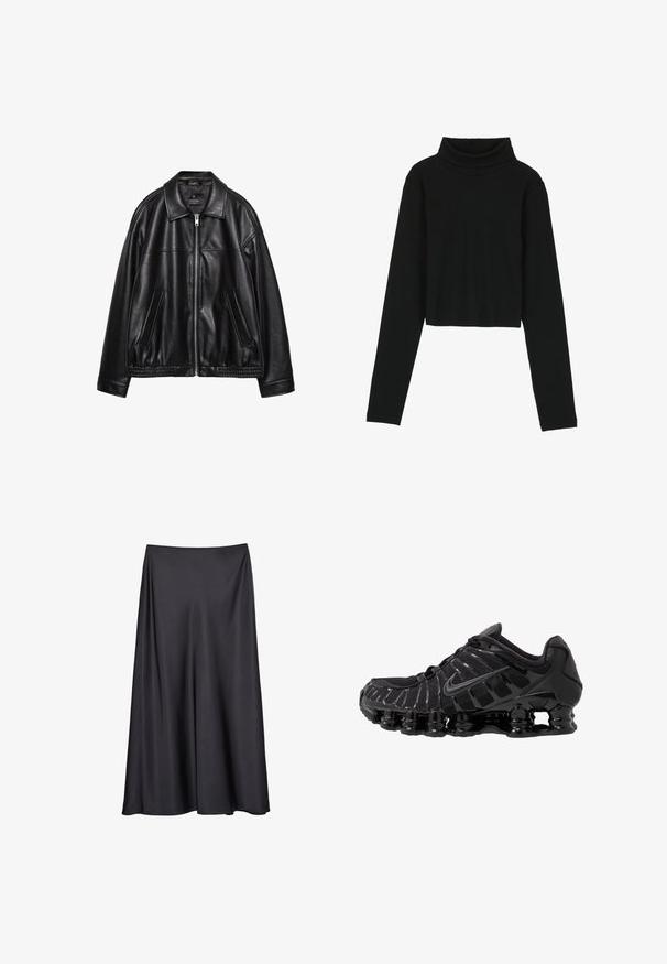 Čierna kožená bunda s golierom, predným zipsom a dvoma bočnými vreckami. Má hladkú textúru a zhrnutý lem v oblasti pásu.; Even&Odd by Zalando Top s dlhým rukávom - black; Čierna sukňa v A-čase vyrobená z hladkej látky, s širokým elastickým pásom a voľným dizajnom, ktorý padá do dĺžky po stred lýtok.; Čierna športová obuv s vrchnou časťou z sieťoviny a lesklými detailmi. Obsahuje zakrivené odpruženie a textúrované línie po stranách. Viditeľné logo Nike.