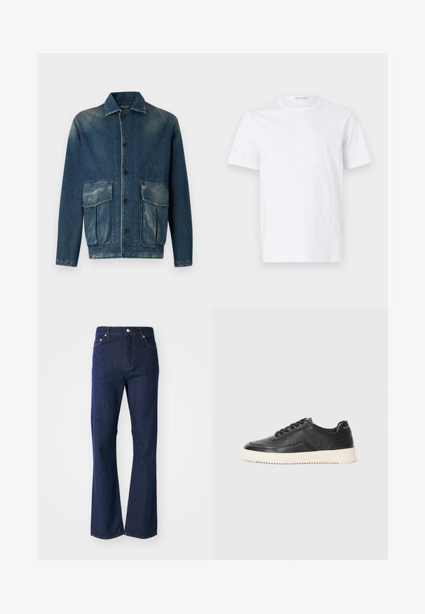 Veste en denim bleu foncé avec une finition délavée. Elle possède un col, une fermeture à boutons et deux poches appliquées à l'avant.; T-shirt en coton blanc avec un col rond et des manches courtes. Texture lisse, coupe droite et design minimaliste sans motifs ni accents.; Jeans évasés de couleur bleu foncé en denim. Comprend cinq poches, une fermeture éclair à l'avant et un bouton métallique. Accents de couture classique.; Baskets en cuir noir avec finition texturée, bout rond et semelle plate en caoutchouc blanc. Présentent des lacets noirs et un logo sur le talon.