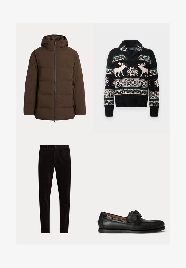 Brun polstret vinterjakke med hætte, lynlås foran, sidelommer og diskret broderet logo på brystet.; Sort strikket sweater med hvide og grønne nordiske mønstre, der har to hvide ren og geometriske snefnugdesign på brystet og ærmerne.; Sorte slim fit bukser i kordfløjl med knap- og lynlåslukning, bæltestropper og enkelt frontdesign på hvid baggrund.; Sort lædermoccasin med snøredetalje og lav gummisål, vist fra siden på ensartet lys baggrund.