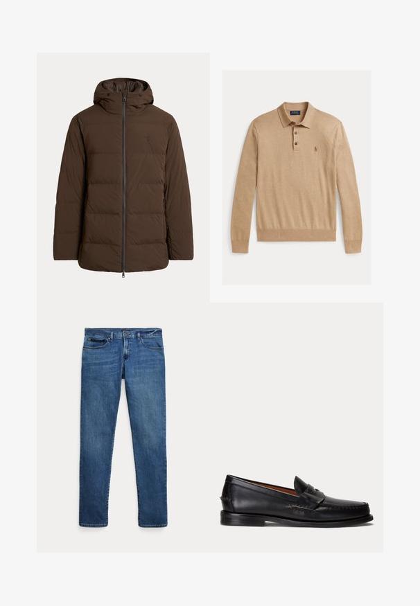 Braune gesteppte Winterjacke mit Kapuze, Frontreißverschluss, Seitentaschen und dezent gesticktem Logo auf der Brust.; Langes Polohemd mit langen Ärmeln aus weichem Stoff. Verfügt über eine Knopfleiste mit drei Knöpfen und ein kleines gesticktes Logo auf der linken Brust.; Blaue Jeans aus Denim mit schmalem Schnitt, ausgestattet mit vorderen Taschen, Gürtelschlaufen und einem Knopfverschluss vor weißem Hintergrund.; Schwarzer Lederloafer mit niedrigem Absatz und Pennyriemendetail, von der Seite auf hellgrauem Hintergrund gezeigt.
