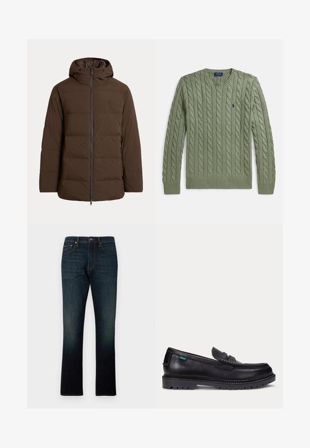 Brun polstret vinterjakke med hætte, lynlås foran, sidelommer og diskret broderet logo på brystet.; Grøn kabelstrikket sweater med rund hals, ribkanter ved ærmer og kant samt et lille broderet logo på brystet. Strukturen er tekstureret og af medium vægt.; Mørkeblå straight-leg denim jeans med fem lommer og orange syninger, vist fladt på en hvid baggrund.; Sort læderloafer med tyk, mønstret sål og lille grøn "Polo"-mærke på ydersiden nær hælen.