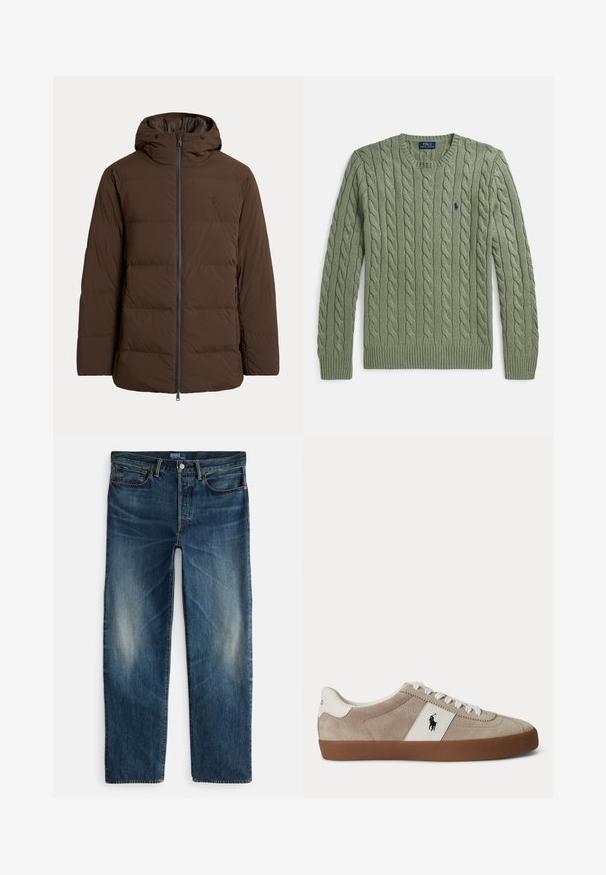 Chaqueta de invierno acolchada marrón con capucha, cremallera frontal, bolsillos laterales y sutil logo bordado en el pecho.; Suéter verde de punto grueso con cuello redondo, puños y dobladillo acanalados, y un pequeño logo bordado en el pecho. Textura y peso medio.; Pantalones vaqueros de mezclilla azul índigo con diseño de pierna recta, estilo de cinco bolsillos y un sutil desvanecimiento en los muslos. Cierre con botón de metal y cremallera.; Zapatilla beige de ante con corte bajo, cordones blancos, detalle de piel blanca con logo de caballo negro y suela de goma marrón.