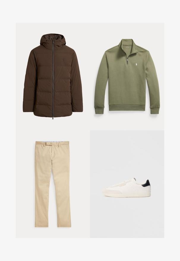 Brun polstret vinterjakke med hætte, lynlås foran, sidelommer og diskret broderet logo på brystet.; Langærmet pullover i olivengrøn med kvart lynlås, ståkrave og lille hvid Polo Ralph Lauren-logo på brystet.; Beige bukser med lige ben, bæltestropper og frontlynlås, lagt fladt mod en hvid baggrund.; Hvide lædersneakers med ruskindsdetaljer, der har en sort hælfane, snøredesign, perforerede detaljer og diskret branding på siden.