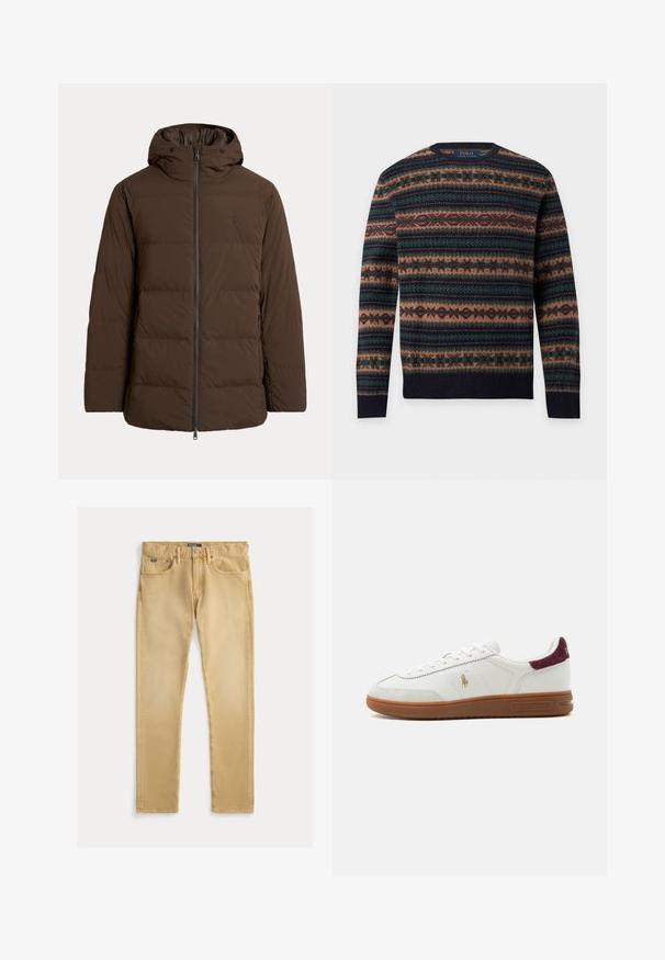 Chaqueta de invierno acolchada marrón con capucha, cremallera frontal, bolsillos laterales y sutil logo bordado en el pecho.; Jersey de manga larga con cuello redondo y patrón Fair Isle horizontal en colores azul marino, marrón, verde y burdeos, con logo de Polo Ralph Lauren en el interior del cuello.; Vaqueros de algodón beige con un ajuste slim, diseño de cinco bolsillos y costura visible. Presentan un botón de metal y una etiqueta en la cinturilla.; Zapatilla blanca de caña baja con suela de goma marrón, logo dorado del jugador de polo en el lateral, cordones blancos y lengüeta trasera de ante burdeos, de la marca Ralph Lauren.