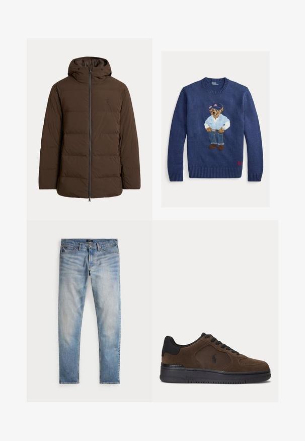 Brun polstret vinterjakke med hætte, lynlås foran, sidelommer og diskret broderet logo på brystet.; Marineblå strikket sweater med en bjørneillustration iført denimtøj med en blå skjorte og hat. Ribstrikkede manchetter og kant med "R.L." i rødt nederst.; Lys blå denimjeans med en falmet finish, fem-lomme design og kontraststing. Har lynlås og bæltesløjfer. Lige pasform.; Mørkebrun lavtop sneaker med sort sål, sorte snørebånd og mesh sidepanel med lille sort logo.