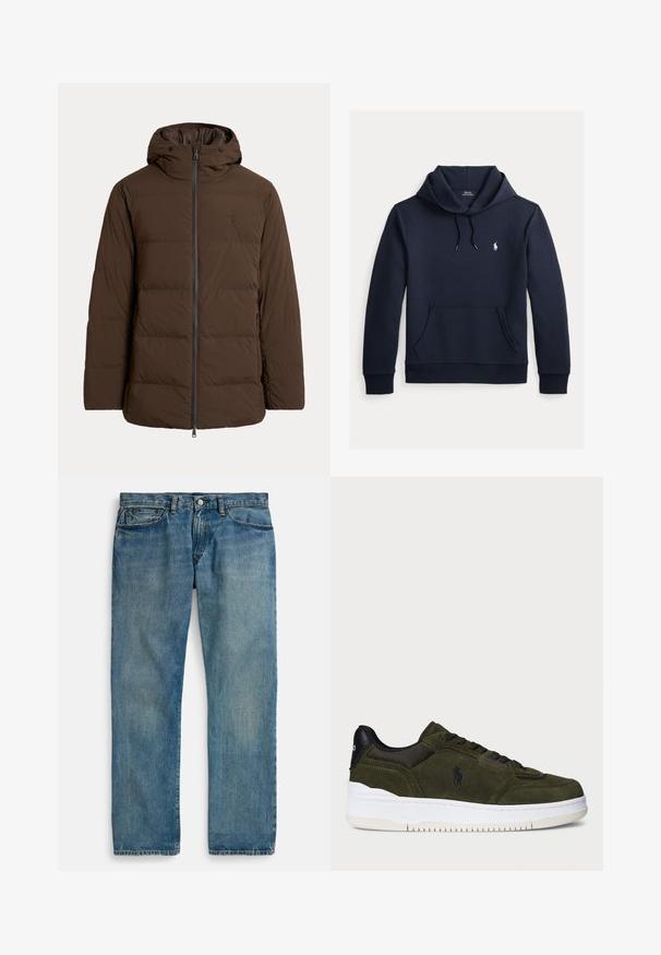 Braune gesteppte Winterjacke mit Kapuze, Frontreißverschluss, Seitentaschen und dezent gesticktem Logo auf der Brust.; Dunkel marineblauer Kapuzenpullover mit vorderer Kängurutasche, Kapuzenkordel, langen Ärmeln und kleinem weißen Polo Ralph Lauren Logo auf der Brust.; Hellblaue Jeans aus Denim mit geradem Bein, fünf Taschen, Knopfverschluss und dezenter Used-Optik für mehr Textur.; Grüne Wildleder-Sneaker mit schwarzen Mesh- und Lederelementen, weißer Gummisohle, abgerundetem Design und geprägtem Logo an der Seite.