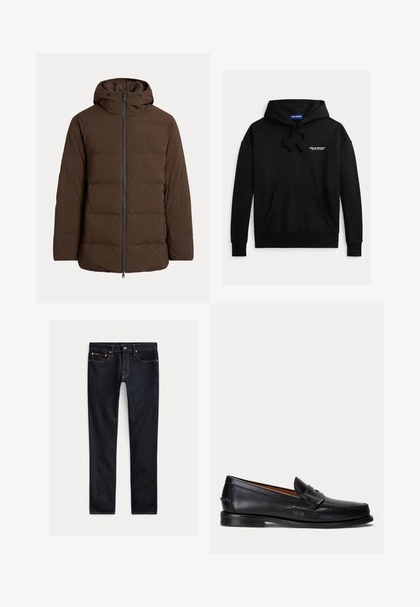 Braune gesteppte Winterjacke mit Kapuze, Frontreißverschluss, Seitentaschen und dezent gesticktem Logo auf der Brust.; Schwarzer Kapuzenpullover mit einer Kängurutasche vorne. Text "POLO SPORT" in Weiß oben links. Aus weichem Stoff gefertigt.; Dunkelblaue Slim-Fit-Jeans mit fünf Taschen, Knopfverschluss und Kontrastnähten, flach auf hellem Hintergrund ausgelegt.; Schwarzer Lederloafer mit niedrigem Absatz und Pennyriemendetail, von der Seite auf hellgrauem Hintergrund gezeigt.