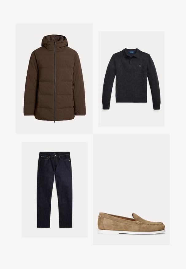 Brun polstret vinterjakke med hætte, lynlås foran, sidelommer og diskret broderet logo på brystet.; Strikket mørkegrå sweater med polo-krave, lange ærmer, tre-knaps lukning og lille broderet logo på brystet.; Mørk indigoblå jeans med lige ben, fem lommer, knap- og lynlås lukning samt kontrastfulde orange syninger på en ensfarvet baggrund.; Lysebrun ruskind mokasinstil loafer med hvid sål og synlig syning langs tåen og siderne, vist i profil.