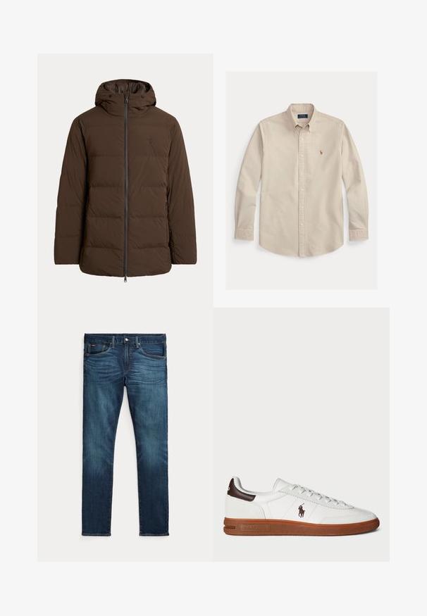 Brun polstret vinterjakke med hætte, lynlås foran, sidelommer og diskret broderet logo på brystet.; Beige langærmet skjorte med knapper og krave, broderet Polo Ralph Lauren-logo på brystet og knappede manchetter.; Mørkeblå slim-fit jeans med frontknap og lynlås, fem lommer og subtil falmen på forreste lår og knæ.; Hvide lavtop sneakers med en struktureret læderoverdel, brune detaljer på hælen og en gummisål. Har broderet logo på siden.