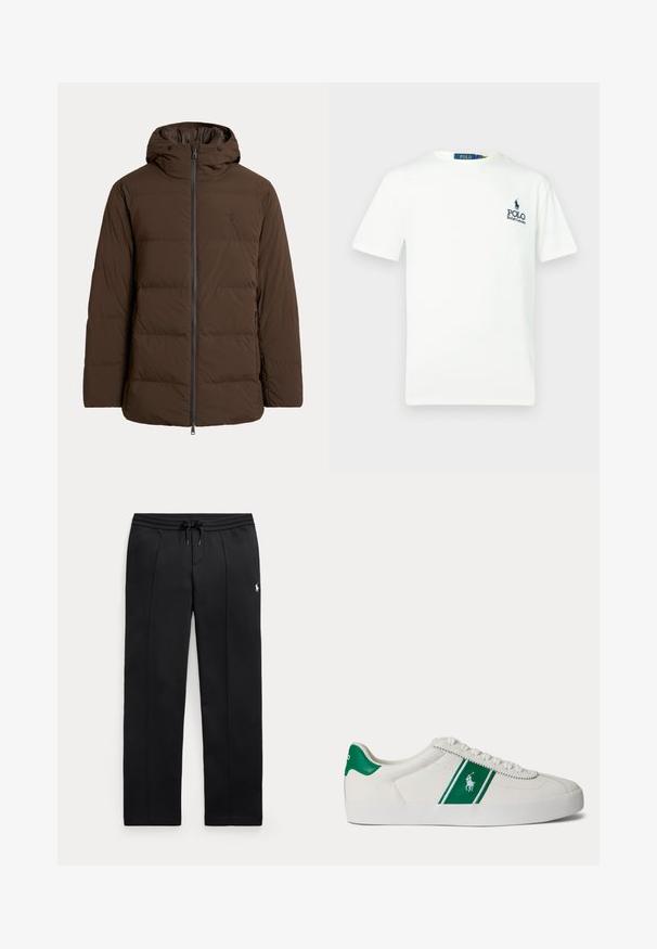 Brun polstret vinterjakke med hætte, lynlås foran, sidelommer og diskret broderet logo på brystet.; Hvid bomulds t-shirt med rund hals, korte ærmer og et blåt "POLO Ralph Lauren" logo på venstre bryst.; Svarte sweatpants med lige ben, snøre i taljen og lille hvidt logo på venstre lår, vist fladt på lys baggrund.; Hvid low-top sneaker med grøn stribe og Polo-logo på siden, grøn hæl-flik og hvide snørebånd, vist fra venstre side på ensfarvet baggrund.
