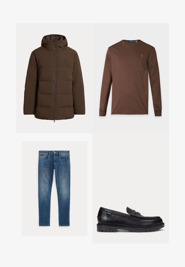 Brun polstret vinterjakke med hætte, lynlås foran, sidelommer og diskret broderet logo på brystet.; Brun Polo Ralph Lauren langærmet skjorte med rund hals og lille broderet logo på venstre bryst.; Blå denim jeans med slim fit, der har en falmet effekt, fem lommer og en lynlås med en knap øverst. Fremtrædende sømdetaljer.; Sort læderloafer med tyk, mønstret sål og lille grøn "Polo"-mærke på ydersiden nær hælen.