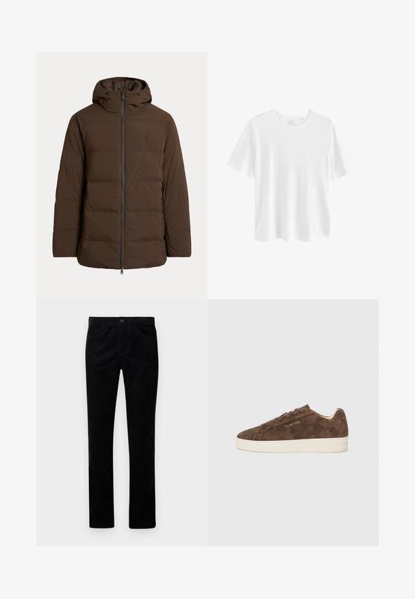 Braune gesteppte Winterjacke mit Kapuze, Frontreißverschluss, Seitentaschen und dezent gesticktem Logo auf der Brust.; Einfaches weißes T-Shirt mit kurzen Ärmeln und Rundhalsausschnitt in regulärer Passform, vor weißem Hintergrund dargestellt.; Schwarze Cordhose mit einem geraden Schnitt, ausgestattet mit Fronttaschen und einem metallenen Knopfverschluss. Weicher Stoff mit vertikalen Rippungen.; Braune Wildleder-Sneaker mit niedrigem Profil, abgerundeter Spitze und weißer Gummisohle. Ausgestattet mit dunklen Schnürsenkeln und dezentem Branding an der Seite.