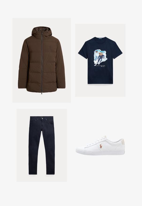 Braune gesteppte Winterjacke mit Kapuze, Frontreißverschluss, Seitentaschen und dezent gesticktem Logo auf der Brust.; Marineblaue Baumwoll-T-Shirt mit einem Grafikdruck eines Bären beim Skifahren, der eine Schutzbrille trägt, mit einem Hubschrauber darüber und verschneiten Bergen im Hintergrund.; Dunkelblaue Denim-Jeans mit schmaler Passform. Mit fünf Taschen, einem Reißverschluss und einem metallischen Knopfverschluss. Glatte Oberfläche mit minimalem Ausbleichen.; Weiße Leinensneaker im Low-Top-Design mit einem beigen Ferseneinsatz und einem kleinen gestickten Logo an der Seite. Gummisohle.